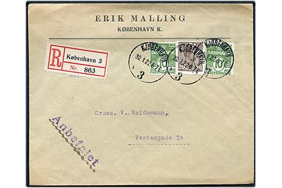 10 øre Bølgelinie (2) og 20 øre Chr. X på lokalt anbefalet brev i Kjøbenhavn d. 30.1.1922.