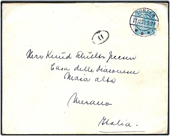 25 øre Karavel single på brev fra Tønder d. 21.12.1928 til Merano, Italien. På bagsiden julemærke 1928.