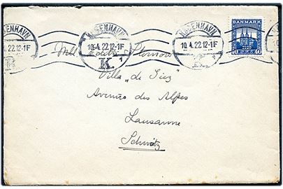 40 øre Genforening single på brev fra København d. 10.4.1922 til Lausanne, Schweiz.