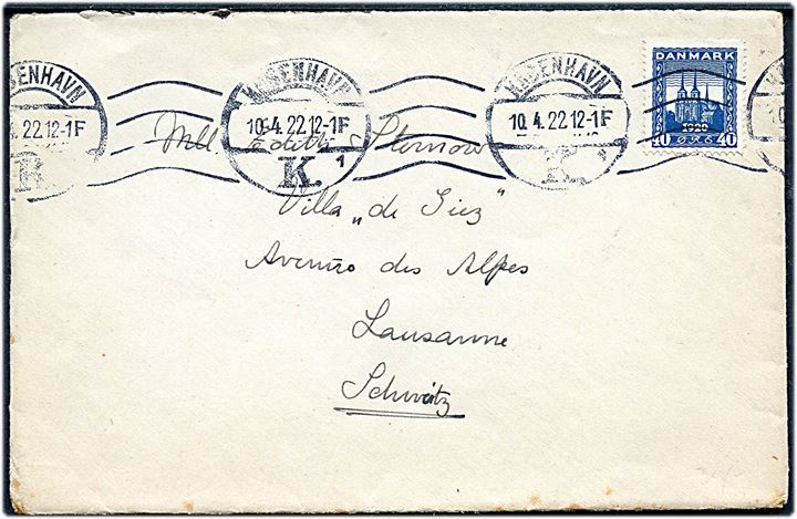 40 øre Genforening single på brev fra København d. 10.4.1922 til Lausanne, Schweiz.