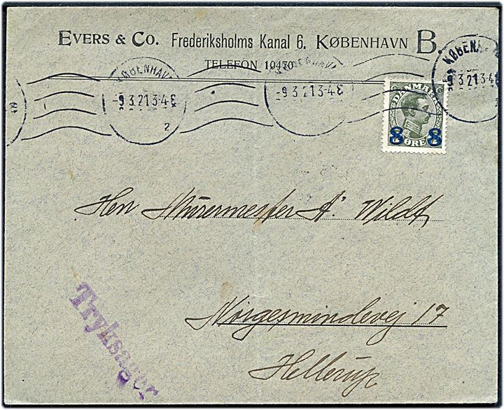 8/12 øre Provisorium single på tryksag fra København d. 9.3.1921 til Hellerup.