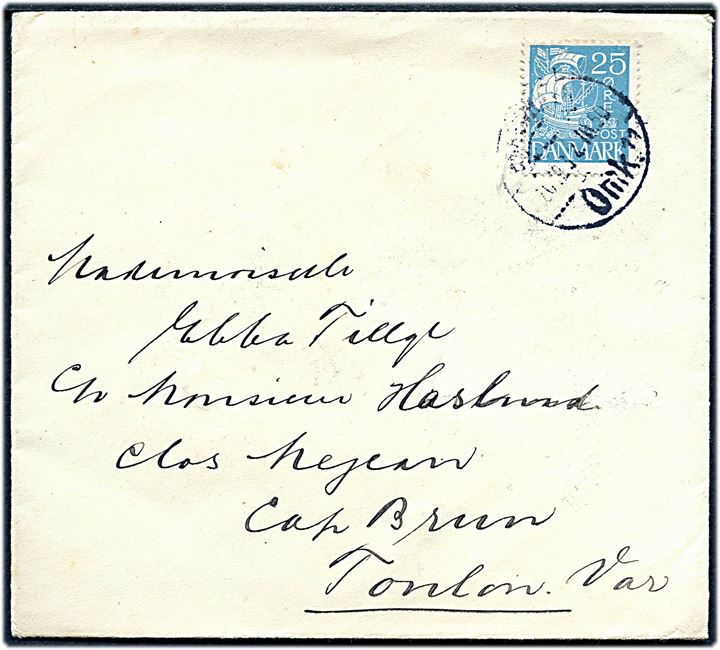 25 øre Karavel på brev fra København d. 20.12.1932 til Toulon, Frankrig. På bagsiden Julemærke 1932 bundet til kuverten med ank.stempel i Toulon d. 23.12.1932.