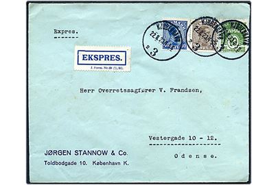 10 øre Bølgelinie, 20 øre og 40 øre Chr. X på 70 øre frankeret ekspresbrev fra Kjøbenhavn d. 22.8.1923 til Odense. Blå ekspresetiket - J. Form. Nr. 28 (1/1 20).