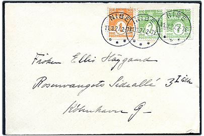 1 øre og 7 øre (par) Bølgelinie på brev annulleret med brotype IIIb Nibe d. 11.3.1927 til København. Bagklap mgl.