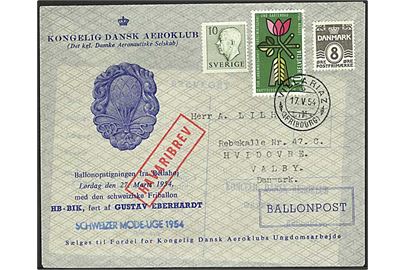 8 øre Bølgelinie, svensk 10 öre Gustaf og schweisisk 10 c. på Ballonpost-brev fra Bellahøj stemplet Villariaz d. 17.5.1954 til Valby. Rammestempel: Haveribrev.