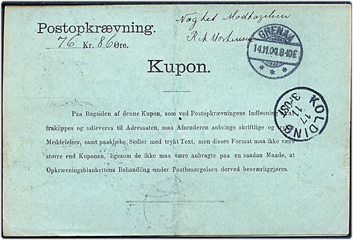 5 øre og 10 øre (3) Våben på retur Postopkrævning fra Kolding d. 14.11.1904 til Tolstrup pr. Grenaa. Retur som modtagelse nægtet.