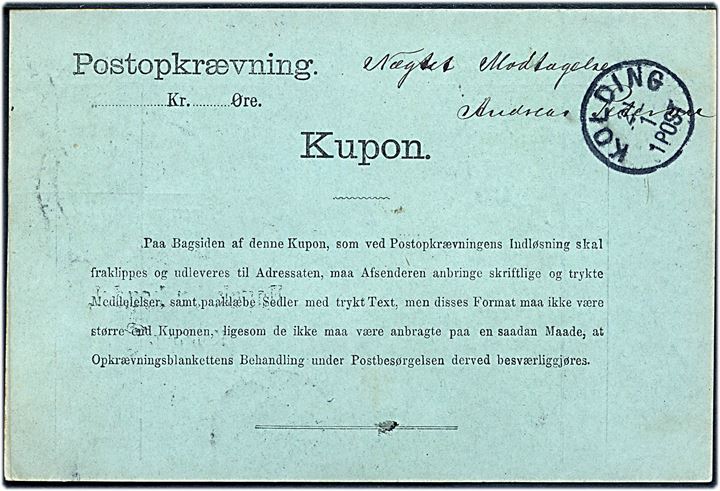 15 øre og 20 øre Våben på retur Postopkrævning fra Kolding d. 14.1.1905 til Brædstrup. Retur som modtagelse nægtet.