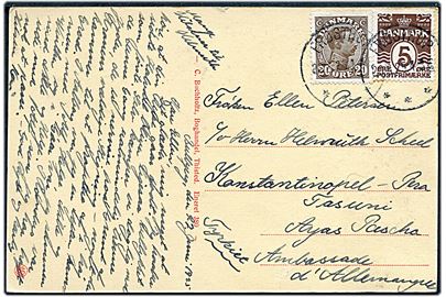 5 øre Bølgelinie og 20 øre Chr. X på brevkort fra Bulbjerg annulleret med brotype IIIb Frøstrup d. 29.6.1925 til den danske ambassade i Konstantinopel, Tyrkiet.