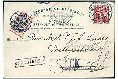 10 øre Våben på brevkort fra Kjøbenhavn d. 19.1.1903 til poste restante i Sevilla, Spanien. Returneret med 2-sproget etiket Estuvo en Lista / Non reclame som ikke afhentet.