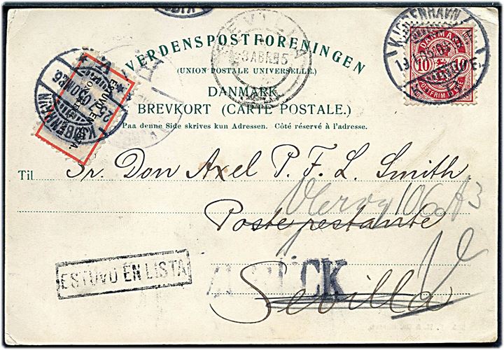 10 øre Våben på brevkort fra Kjøbenhavn d. 19.1.1903 til poste restante i Sevilla, Spanien. Returneret med 2-sproget etiket Estuvo en Lista / Non reclame som ikke afhentet.