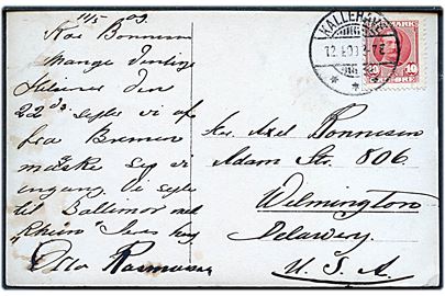 10 øre Fr. VIII på brevkort annulleret med brotype Ia Kallehave d. 12.4.1909 til Wilmington, USA.