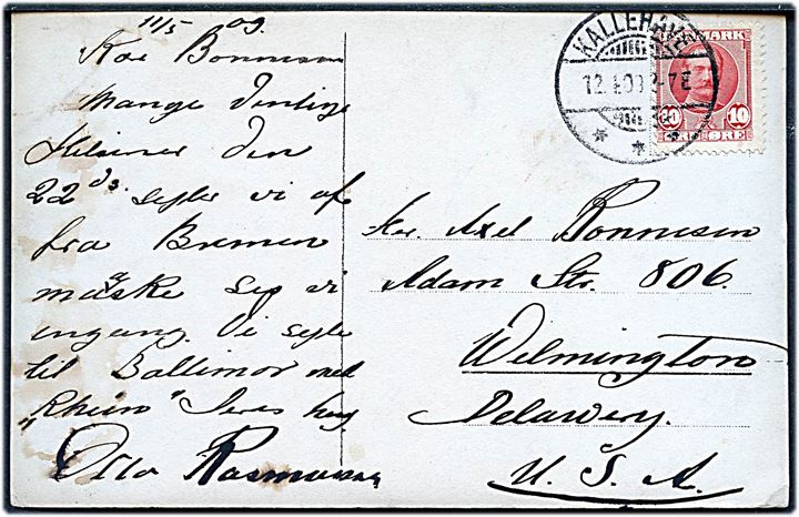 10 øre Fr. VIII på brevkort annulleret med brotype Ia Kallehave d. 12.4.1909 til Wilmington, USA.