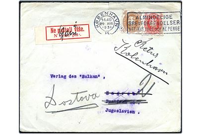 10 øre og 15 øre Chr. X 60 år på brev fra København d. 29.8.1931 til Zagreb, Jugoslavien. Retur med 2-sproget returetiket og flere transit stempler. 