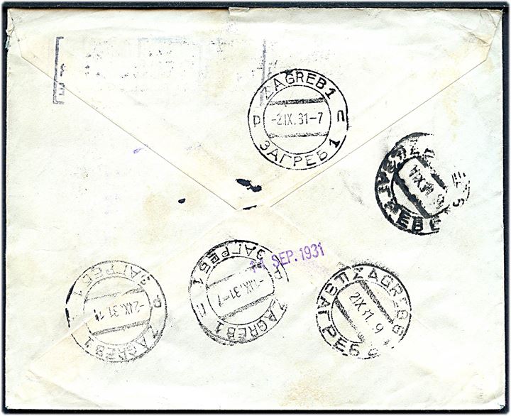 10 øre og 15 øre Chr. X 60 år på brev fra København d. 29.8.1931 til Zagreb, Jugoslavien. Retur med 2-sproget returetiket og flere transit stempler. 