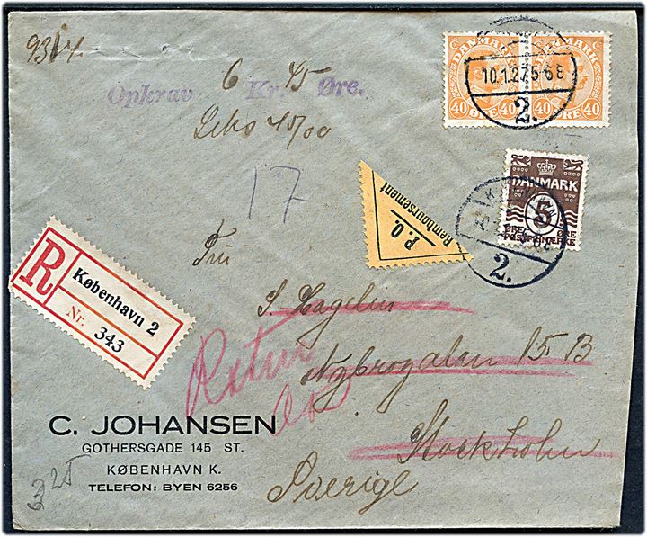 5 øre Bølgelinie og 40 øre Chr. X i parstykke på anbefalet brev med postopkrævning fra København d. 10.1.1927 til Stockholm, Sverige. Returneret med 2-sproget returetiket.