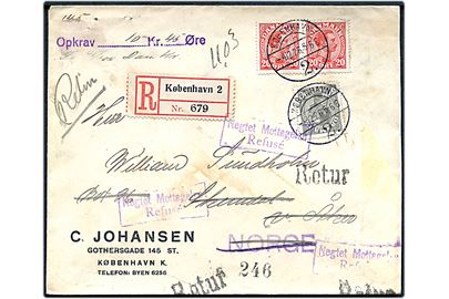 20 øre (par) og 50 øre Chr. X på anbefalet brev med postopkrævning fra København d. 4.12.1926 til Slemdal i Aker, Norge. Returneret med rammestempel Negtet Mottagelsen / Refusé.