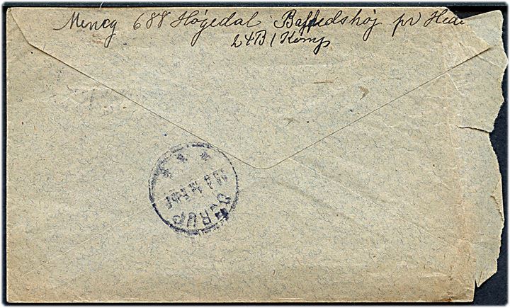 10 øre Soldaterfrimærke på brev fra menig i 24 Bat. 1 komp. i Barfredshøjlejren stemplet Taastrup d. 25.9.1918 til Durup St. Urent åbnet i venstre side. 