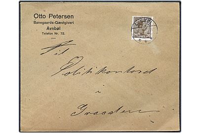 20 øre Chr. X på brev annulleret med brotype IIb Avnbøl d. 2.3.1926 til Graasten.