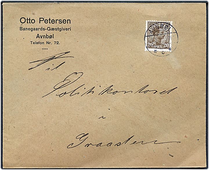 20 øre Chr. X på brev annulleret med brotype IIb Avnbøl d. 2.3.1926 til Graasten.