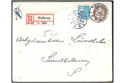 10 øre helsagskuvert (fabr. 47-N) opfrankeret med 25 øre Karavel sendt som anbefalet lokalbrev fra Hellerup d. 9.2.1933 til Arbejdsanstalten Sundholm, Sundholmsvej, København S. 