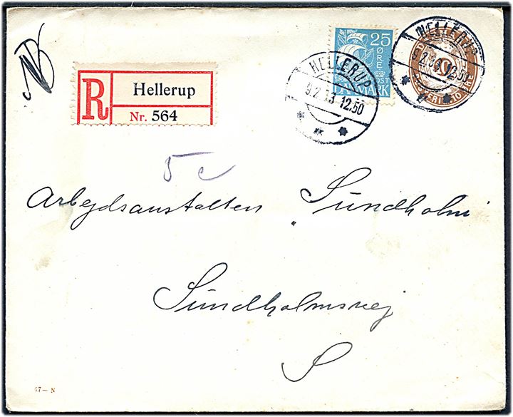 10 øre helsagskuvert (fabr. 47-N) opfrankeret med 25 øre Karavel sendt som anbefalet lokalbrev fra Hellerup d. 9.2.1933 til Arbejdsanstalten Sundholm, Sundholmsvej, København S. 