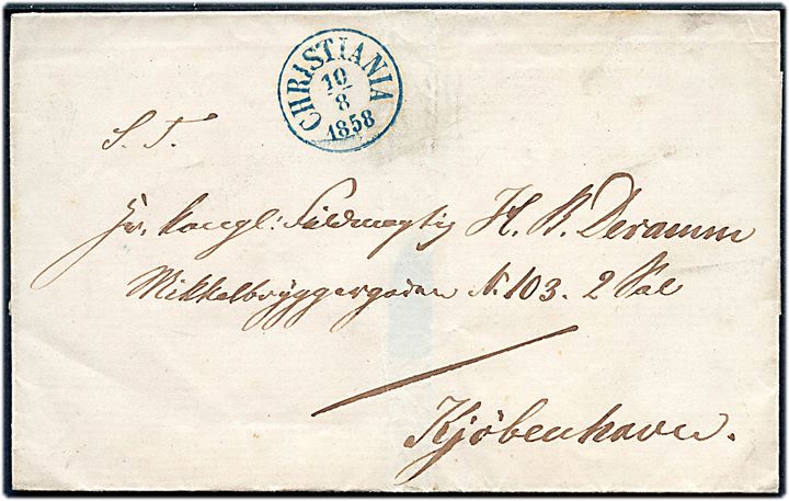 1858. Portobrev stemplet Christiania d. 10.8.1858 til Kjøbenhavn, Danmark. Påskrevet 24 på bagsiden.
