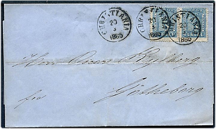 4 skill. Løve i parstykke på brev fra Christiania d. 20.3.1865 til Göteborg, Sverige. 