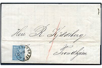 4 sk. Løve på brev med indhold dateret i Lervanger d. 23.11.1871 til Trondhjem. Annulleret ved ankomsten i Trondhjem d. 23.11.1871.