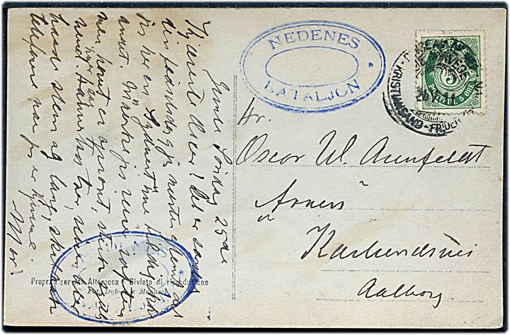 5 øre Postkorn på brevkort (Messina katastrofen) annulleret med sejlende bureaustempel Bureau de Mer Kristiansand - Frederikshavn d. 26.6.1911 og sidestemplet med ovalt militært stempel NEDENES BATALJON til Aalborg, Danmark.