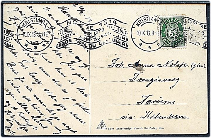 5 øre Posthorn på brevkort (Kristiania, Akershus med sejlskibe) fra Kristiania d. 11.9.1913 til Trangisvaag, Færøerne påskrevet via København.