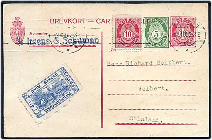 10 øre + 5 øre provisorisk helsagsbrevkort opfrankeret med 10 øre Posthorn fra Bergen d. 12.9.1921 til Velbert, Rhinland, Tyskland.