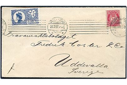 10 øre Posthorn og NKS Tuberkulose mærke på brev fra Frederikstad d. 20.2.1907 til Uddevalla, Sverige.