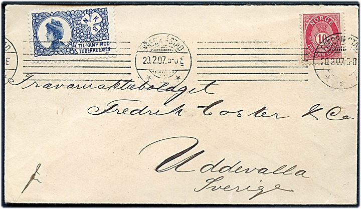 10 øre Posthorn og NKS Tuberkulose mærke på brev fra Frederikstad d. 20.2.1907 til Uddevalla, Sverige.