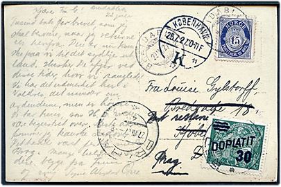 15 øre Posthorn på underfrankeret brevkort fra Breidablik d. 22.7.1927 til København, Danmark - eftersendt til Prag, Tjekkoslovakiet og udtakseret i porto med 30 h. Portomærke stemplet Prag d. 27.7.1927.