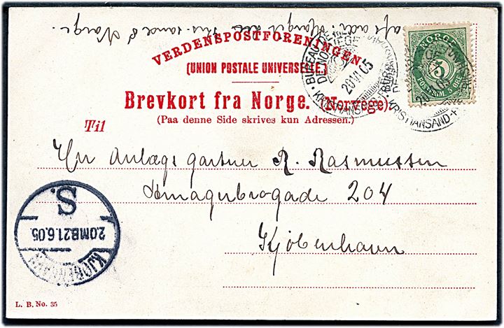 5 øre Posthorn på brevkort (Christiansand) annulleret med skibsstempel Bureau de Mer de Norvege C Kristiansand - Frederikshavn d. 20.6.1905 til København, Danmark.