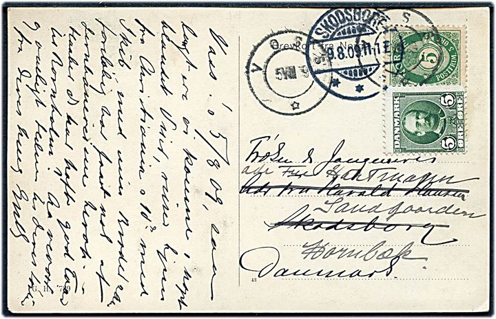 5 øre Posthorn på brevkort (Bergensbanen ved Vatnahalsen) stemplet Voss d. 5.8.1909 til Skodsborg, Danmark. Privat opfrankeret med 5 øre Fr. VIII og eftersendt fra Skodsborg d. 9.8.1909 til Hornbæk.