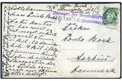 5 øre Posthorn på brevkort fra Lillehammer d. 13.8.1913 til Aarhus, Danmark. Ubekendt med stempel Opraabt for Brevbærerne d. 16.8.1913. C. Rasmussen.