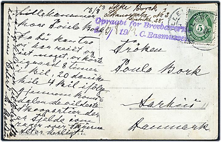 5 øre Posthorn på brevkort fra Lillehammer d. 13.8.1913 til Aarhus, Danmark. Ubekendt med stempel Opraabt for Brevbærerne d. 16.8.1913. C. Rasmussen.