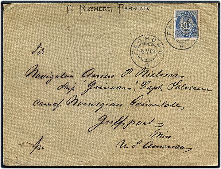 20 øre Posthorn på brev fra Farsund d. 12.5.1909 til sømand ombord på skibet Gunvar i Gulfport, Miss., USA.