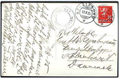 20 øre Løve på brevkort (Radiostationen i Kings Bay) annulleret Ny-Ålesund d. 11.8.1935 og sidestemplet Kings Bay Spitsbergen til København, Danmark.