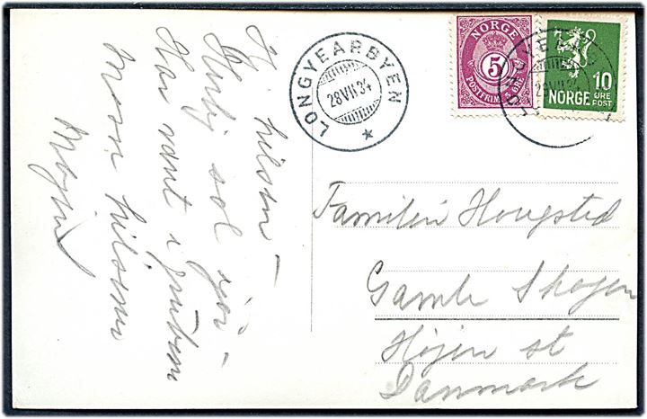 5 øre Posthorn og 10 øre Løve på brevkort (sæler i isen) fra Longyearbyen d. 28.7.1934 til Gammel Skagen, Højen St., Danmark.