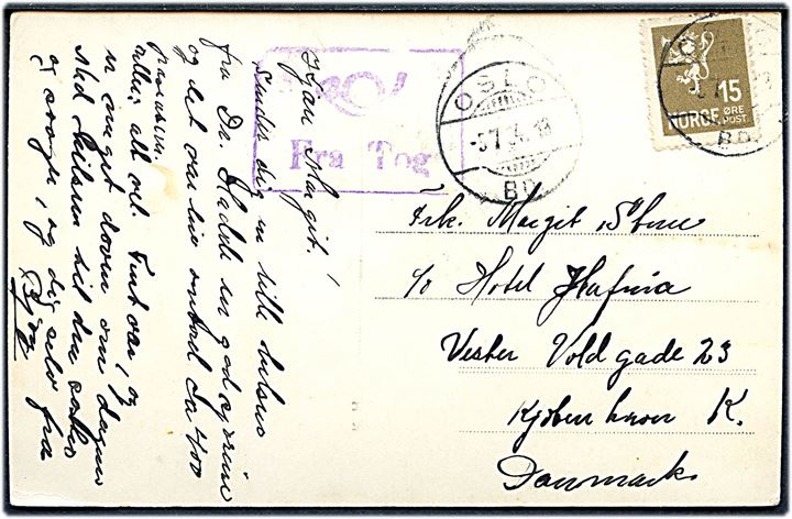 15 øre Løve på brevkort (Drammen, Bragernes Torv) annulleret Oslo d. 5.7.1934 og sidestemplet (posthorn)/Fra Tog til København.