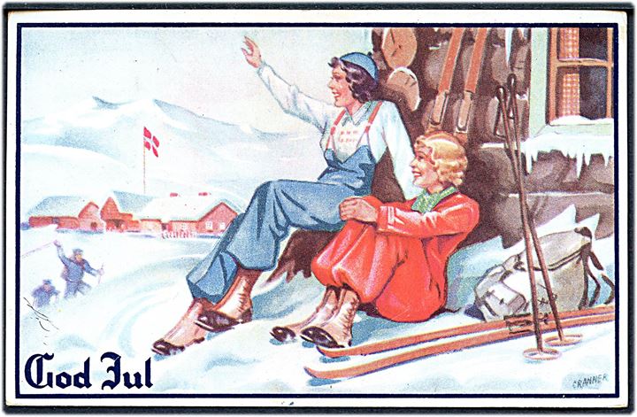 15 øre Løve på julekort (kvindelige skiløbere) fra Glåmos d. 20.12.1941 til Larv, Sverige. Passér stemplet At ved den tyske censur i Trondheim.
