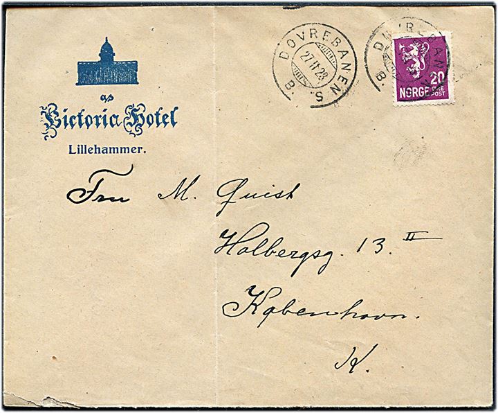 20 øre Løve på brev fra Lillehammer annulleret med bureaustempel Dovrebanen S. B. d. 27.2.1928 til København, Danmark.