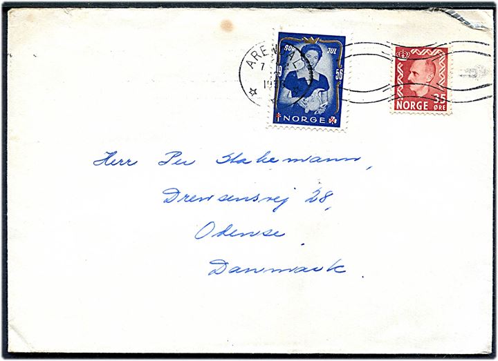35 øre Haakon og Julemærke 1956 på brev fra Arendal d. 7.12.1956 til Odense, Danmark.