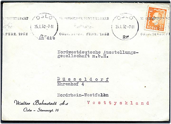 55 øre Haakon single på brev fra Oslo d. 25.1.1952 til Düsseldorf, Tyskland. 