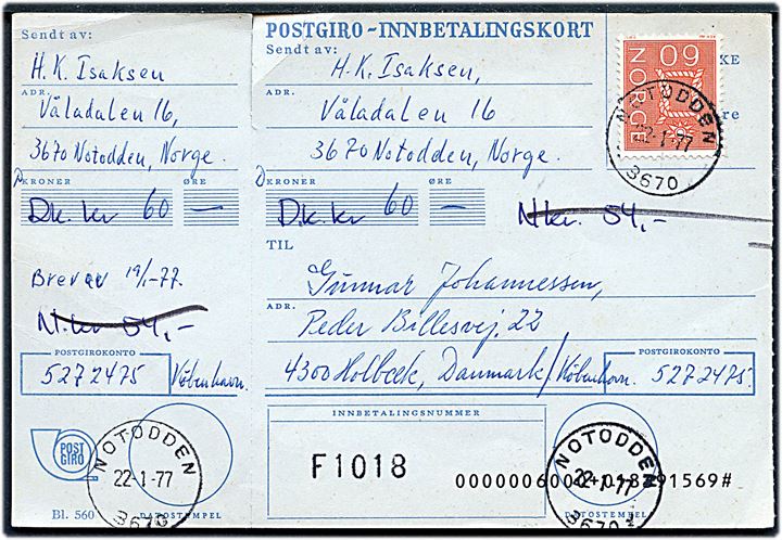60 øre Knob på Postgiro-Indbetalingskort fra Notodden d. 22.1.1977 til Holbæk, Danmark. På bagsiden stempler fra Giropostkontoret i både Oslo og København.