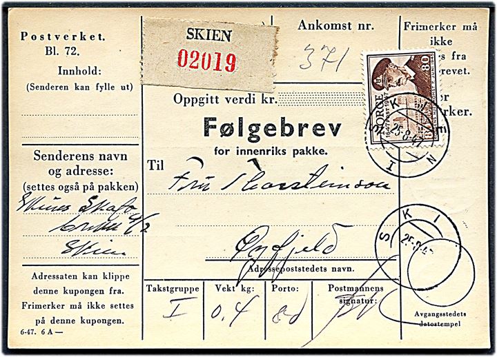80 øre Postjubilæum single på adressekort for pakke fra Skien d. 25.8.1947 til Øyfjeld.