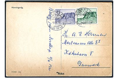 25+10 øre og 65+25 øre Nordkapp på brevkort (Parti fra Honningvåg) stemplet Nordkapp d. 11.6.1960 til København, Danmark.