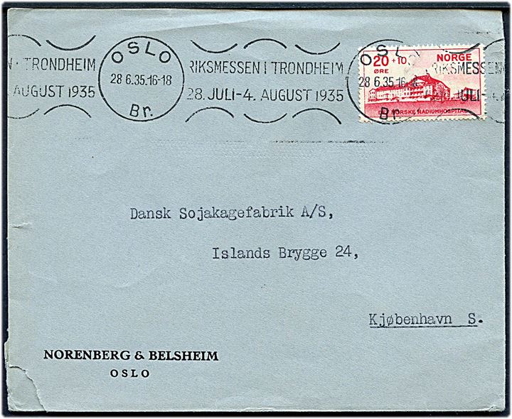 20+10 øre Radiumhospital single på brev fra Oslo d. 28.6.1935 til København, Danmark.
